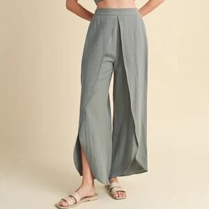 Wishlist Viscose Linen Blend Wide-Leg Wrap Pants – Sage Green Flow Pants, Boho S